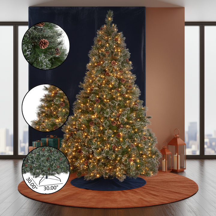 9' Cashmere and Snow Bristle Mixed Tree with 105 Pine Cones and 1200Clear Lights-UL,2317tips,Dia:69