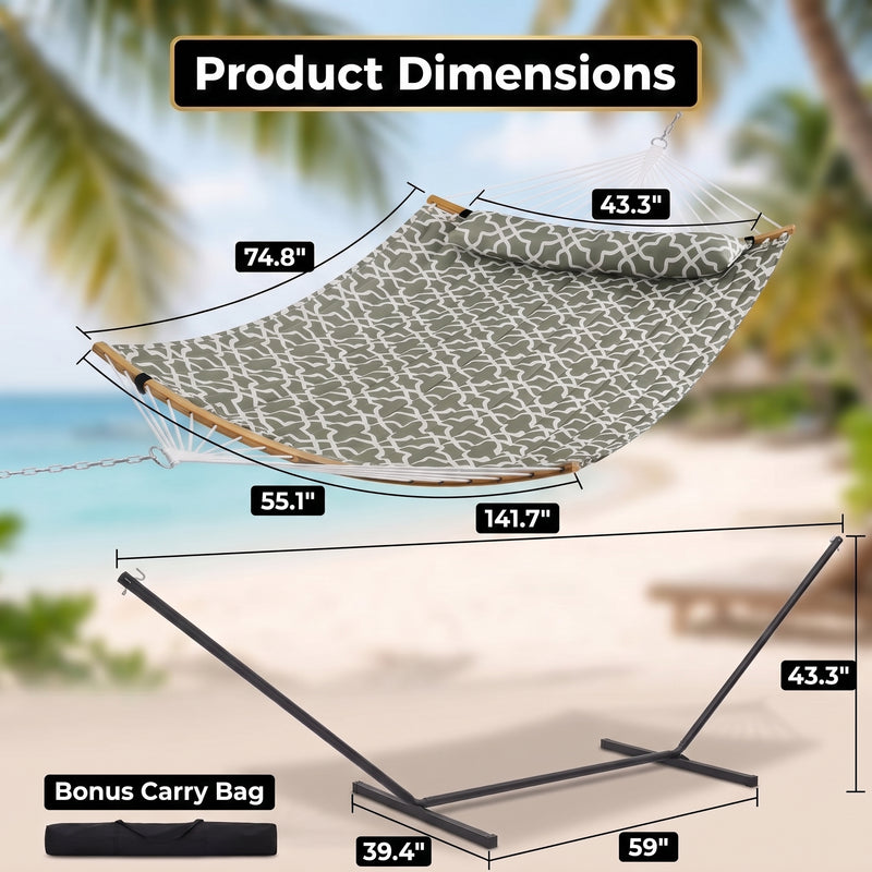 2-Person Outdoor & Indoor Hammock with Adjustable Height, Pillow & Stand – Portable, Sturdy, Colorful - 2