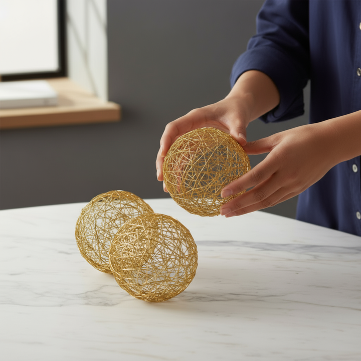 Set of Three Gold Wire 3" Decorative Orbs