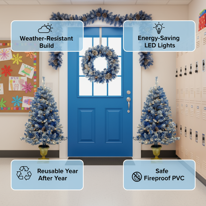 Pre-lit Xmas Tree Artificial Christmas 4-Piece Set,Garland, Wreath and Set of 2 Entrance Trees X-mas with LED Lights, Christmas Tree