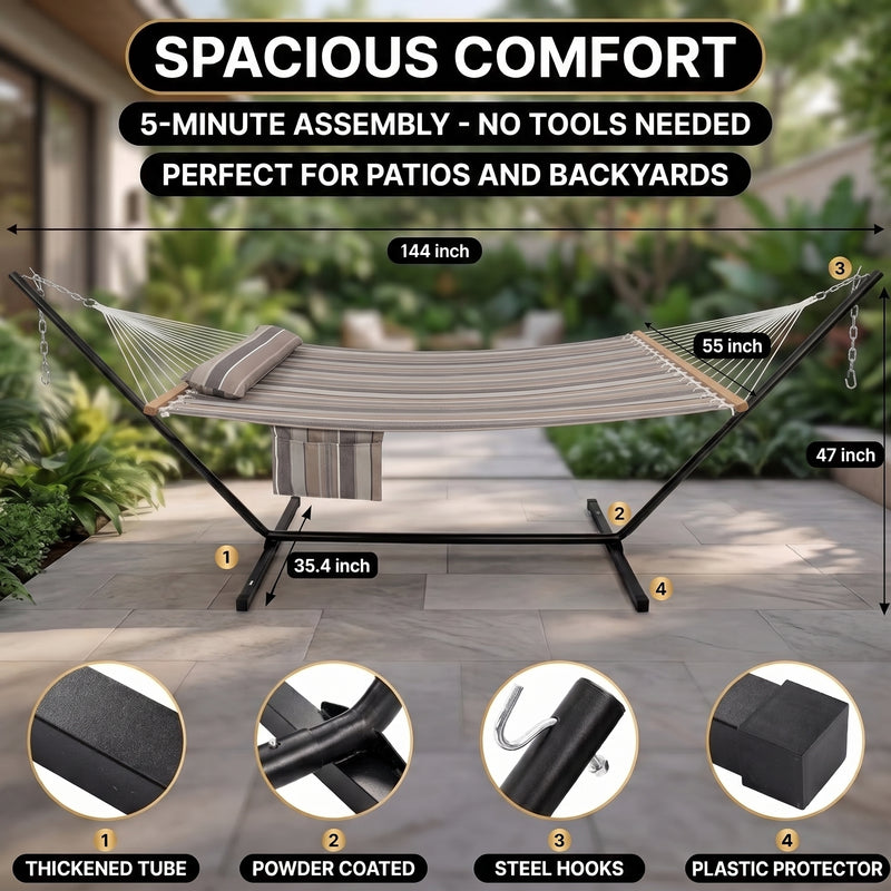 Outdoor Double Hammock with Stand for 2 – Heavy Duty Steel Frame, Pillow Included - 2