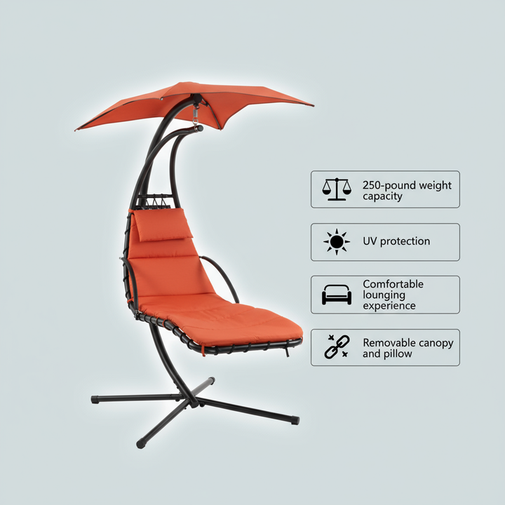Outdoor Hanging Chaise Swing Orange - Lounger Chair with UV Canopy, Cushion & Stand for Garden Porch Comfort