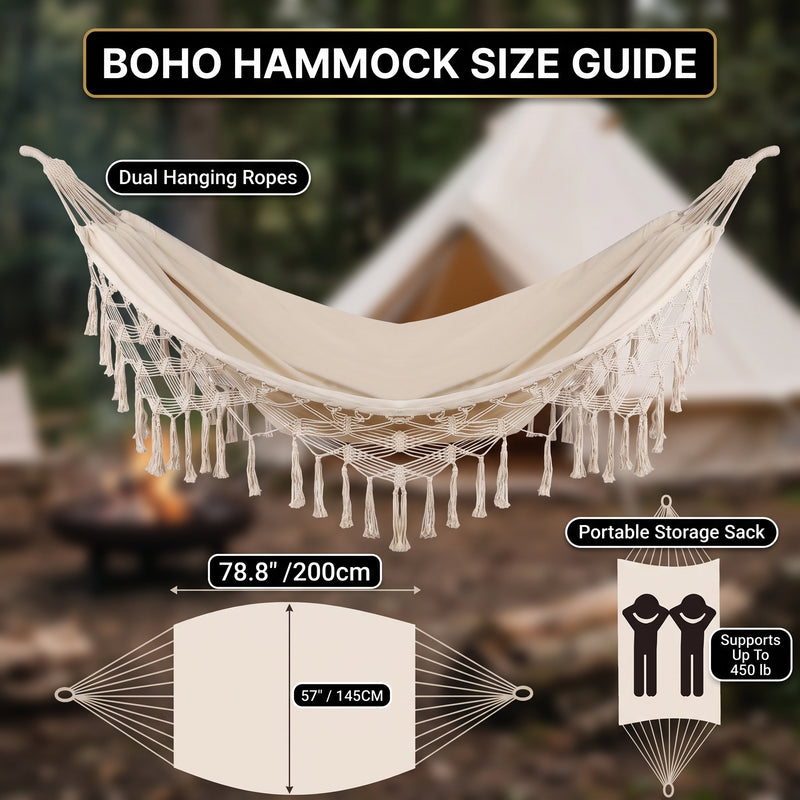 Boho Macrame Double Hammock Swing with Tassels – 2 Person Hanging Chair for Indoor & Outdoor Relaxation - 2