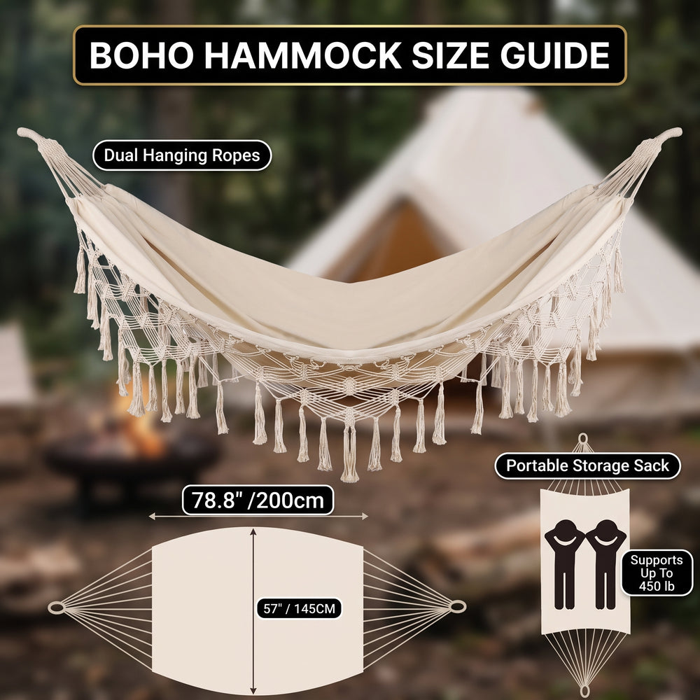 Boho Macrame Double Hammock Swing with Tassels – 2 Person Hanging Chair for Indoor & Outdoor Relaxation - 2