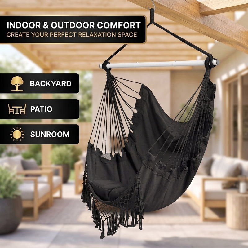 Boho Macramé Fringe Double Hammock Swing – Ultimate Comfort & Style - 2
