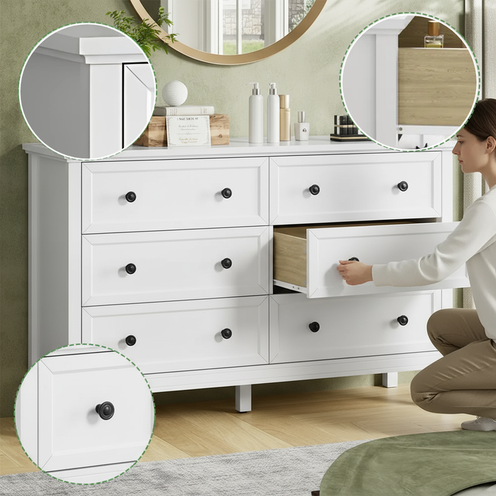 Modern 6 Drawer Dresser – Stylish Wood Storage Cabinet with Black Handles | Bedroom & Living Room Furniture | Trufairs