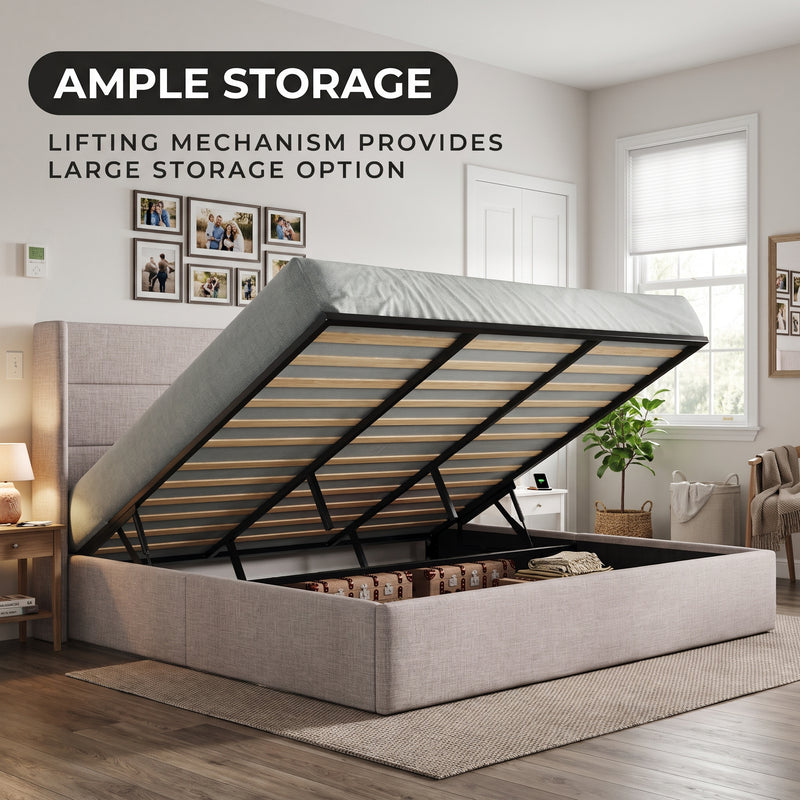 Lift-Up Storage Bed Frame with Upholstered Wingback Headboard - 2
