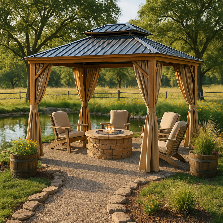 Premium 12' x 14' Hardtop Gazebo - Wood-Looking Aluminum Frame with Galvanized Steel Double Roof, Permanent Outdoor Metal Pavilion with Privacy Curtains & Netting for Patio, Deck & Lawn