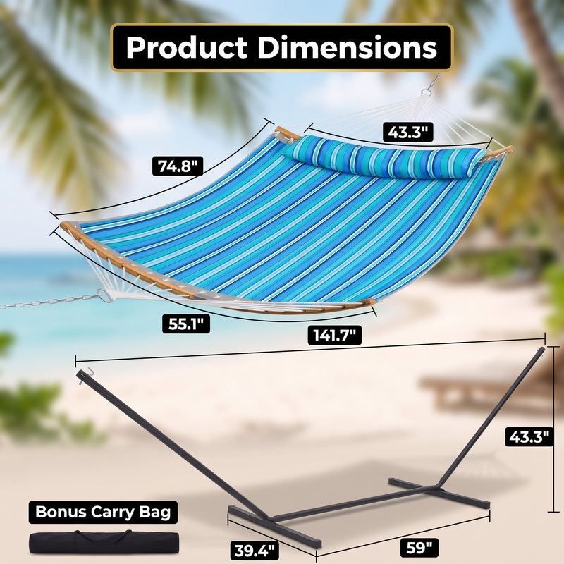 2-Person Outdoor & Indoor Hammock with Adjustable Height, Pillow & Stand – Portable, Sturdy, Colorful - 2