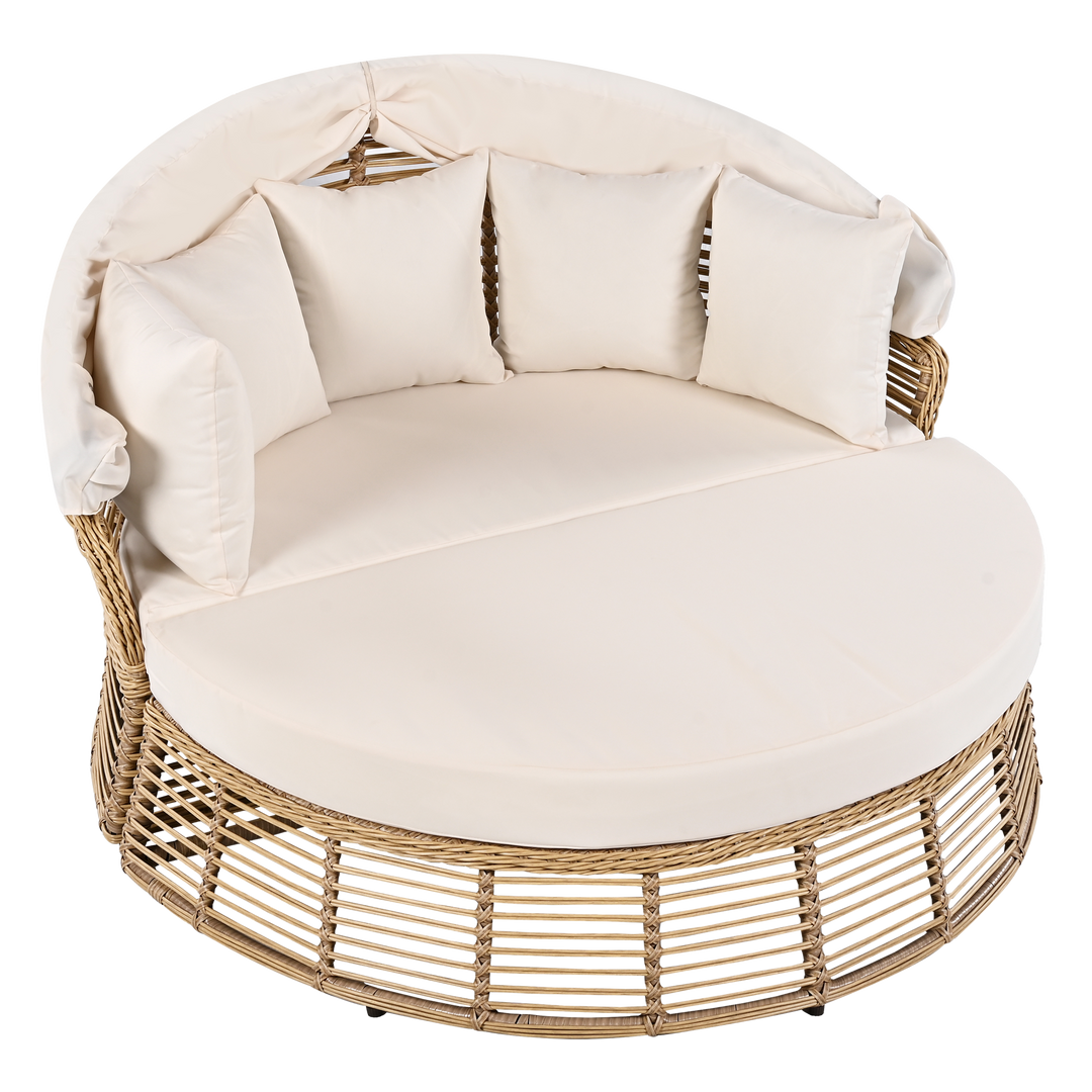 Luxurious 51" Beige Wicker Patio Daybed with Retractable Canopy and Premium Cushion Set