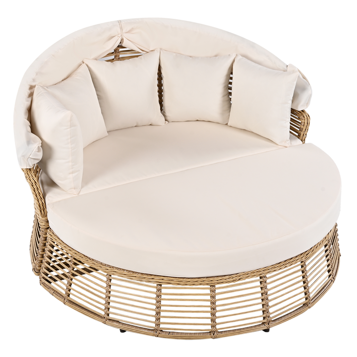 Luxurious 51" Beige Wicker Patio Daybed with Retractable Canopy and Premium Cushion Set