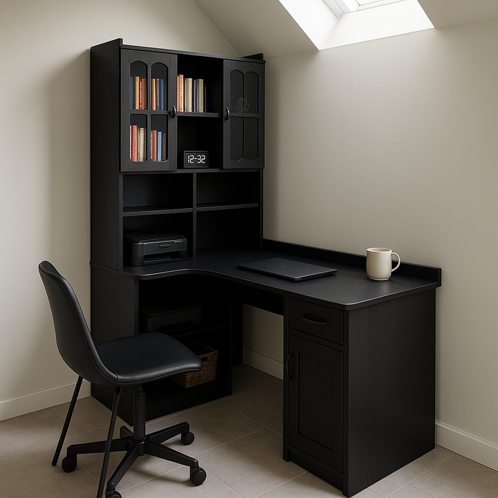 ModernSpace Executive Pro L-Shaped Corner Computer Desk with Integrated Bookshelf Hutch & Storage System — Black