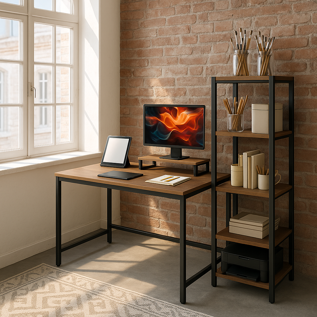 Industrial Pro 59" Computer Desk with Monitor Stand & Reversible 4-Tier Storage Shelf – Brown