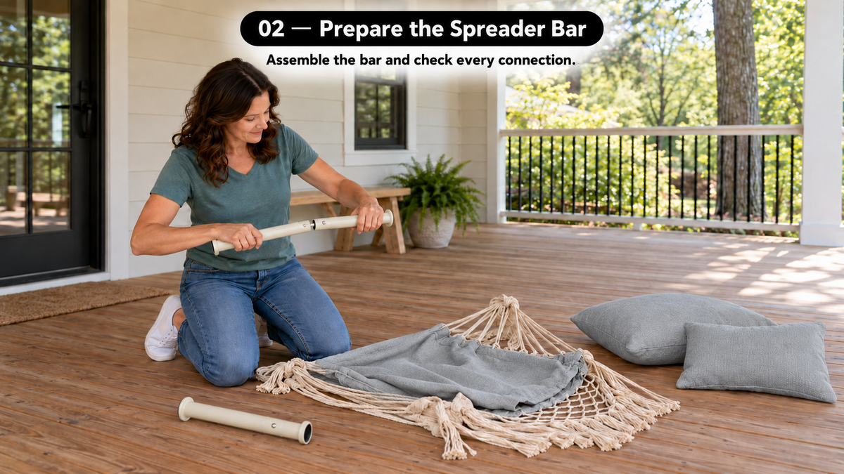 Boho Macrame Hammock Chair with Fringe, 2 Cushions & Side Pocket - assembly and setup image 2