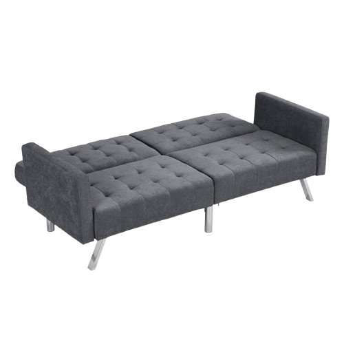 85" Beige Polyester Blend Convertible Futon Sleeper Sofa And Toss Pillows With Silver Legs