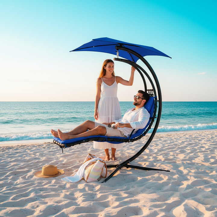 Hanging Chaise Lounger with Removable Canopy, Outdoor Swing Chair with Built-in Pillow, Hanging Curved Chaise Lounge Chair Swing for Patio Porch Poolside, Hammock Chair with Stand (Blue)