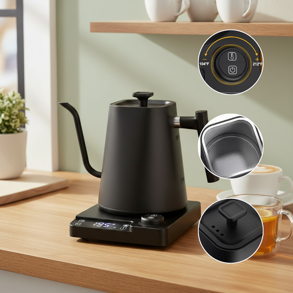 Electric Gooseneck Kettle, 0.9L. Black Auto Shut-off Electric Kettle with Temperature Control. 1200W Rapid Heating Coffee Kettle. 100% Stainless Steel Smart Kettle with LED Display