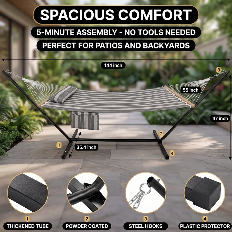 Outdoor Double Hammock with Stand for 2 – Heavy Duty Steel Frame, Pillow Included - 2