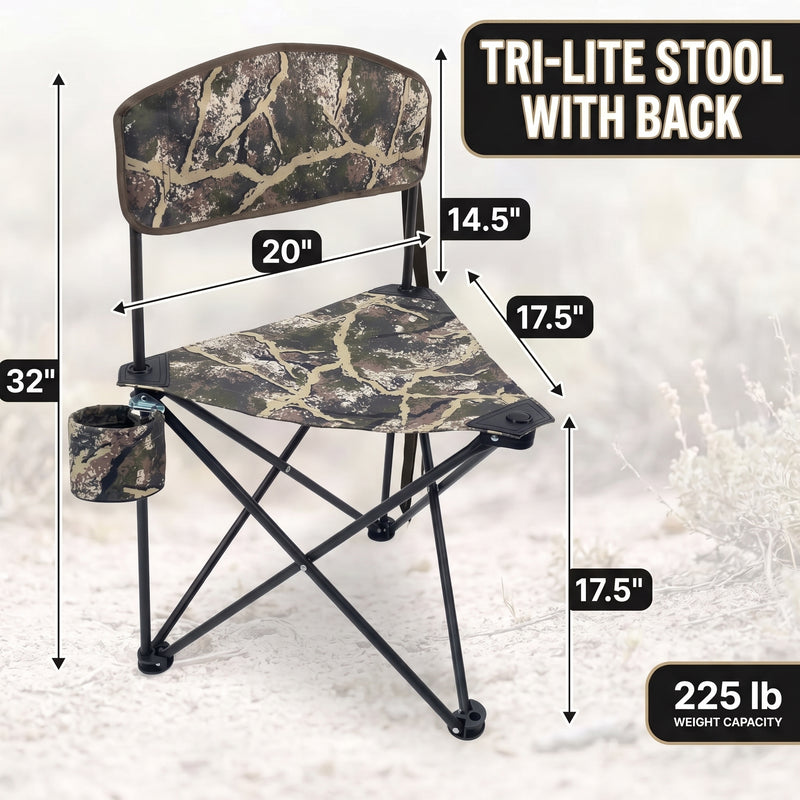 Tri-Lite Stool w/Back, Lightweight Portable Fishing Chair w/Cupholder and Carry Strap, Supports 225-Lb, Portable Outdoor Chair for the Hunting Blind, Camping, Travel, Hiking - 2