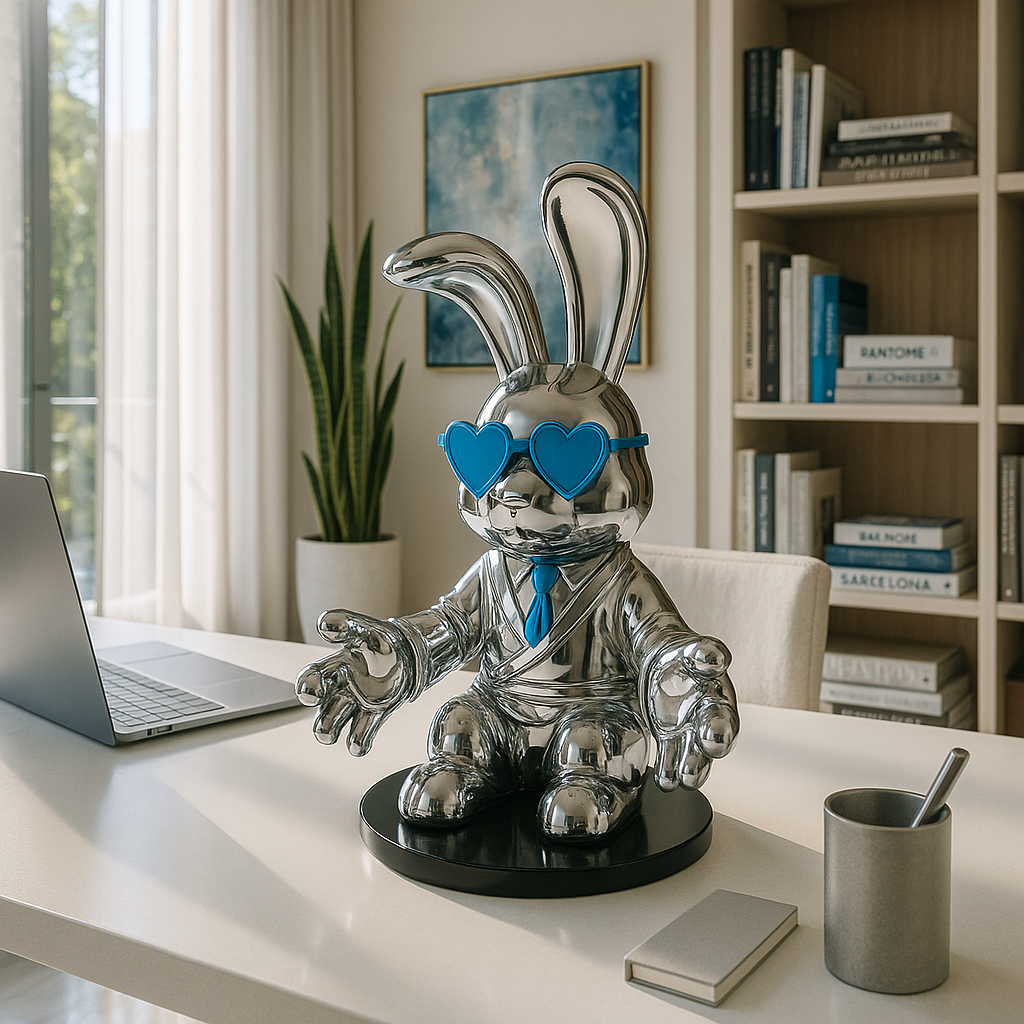 Exclusive Sitting Rabbit with Blue Tie and Glasses Chrome Sculpture - Premium 25" Meditation Art Collection