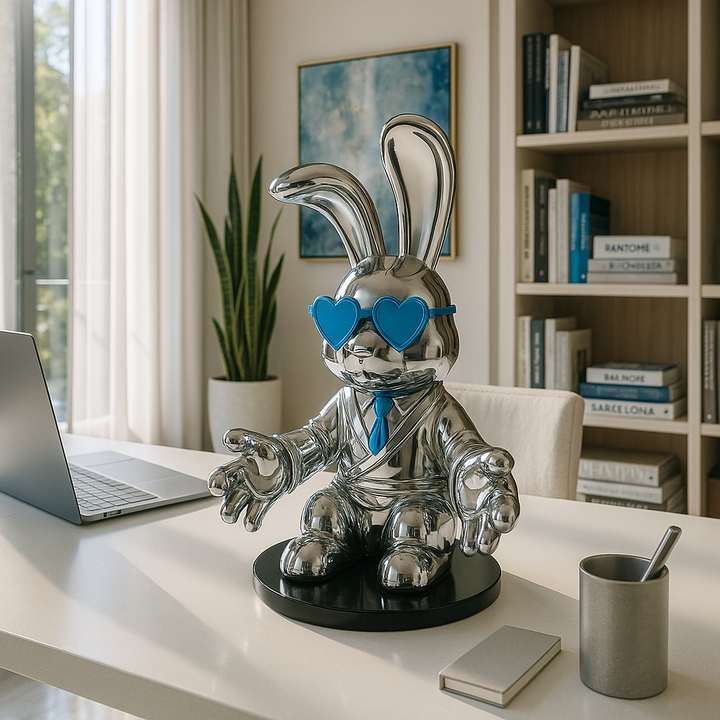 Exclusive Sitting Rabbit with Blue Tie and Glasses Chrome Sculpture - Premium 25" Meditation Art Collection