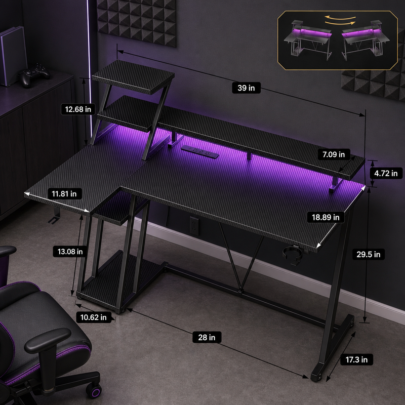 L-SHAPED GAMING DESK – LED LIGHTS & POWER OUTLETS - 2
