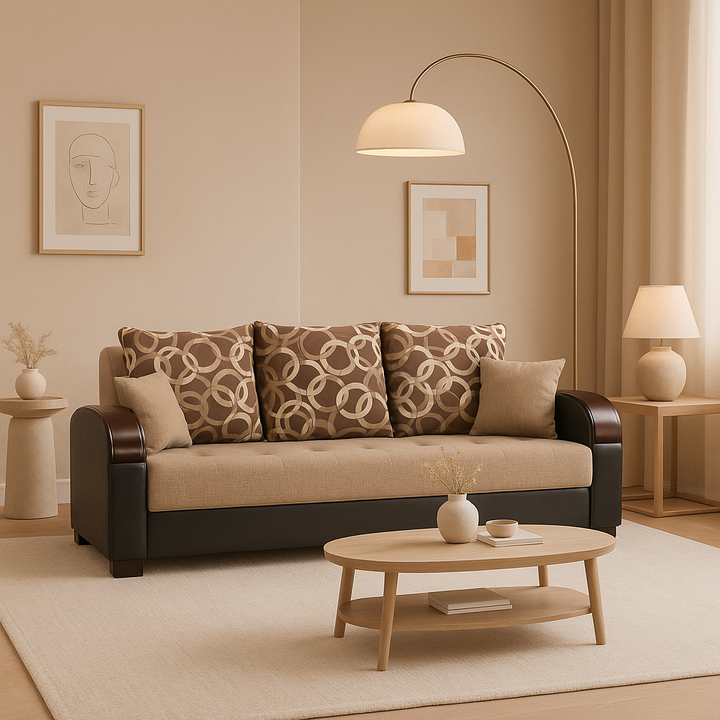 87" Brown Polyester Convertible Futon Sleeper Sofa And Toss Pillows With Storage