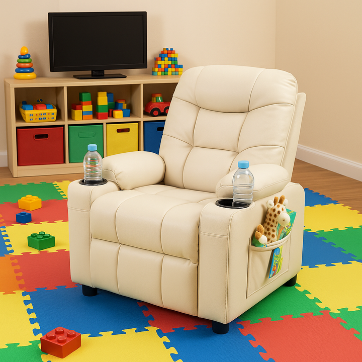 Premium PU Leather Kids Recliner Chair with Dual Cup Holders & Storage Pockets - Ergonomic Youth Furniture with 130° Recline