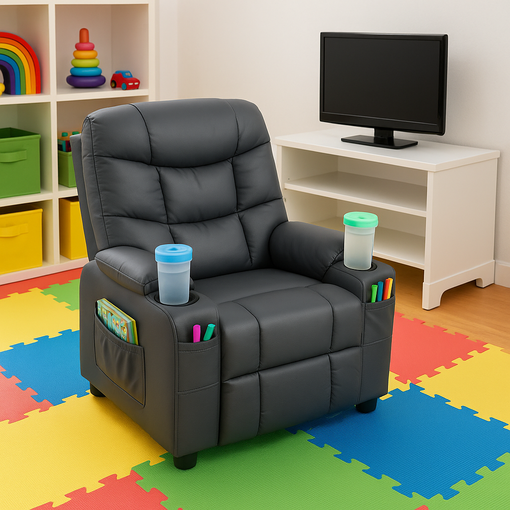 Premium PU Leather Kids Recliner Chair with Dual Cup Holders & Storage Pockets - Ergonomic Youth Furniture with 130° Recline