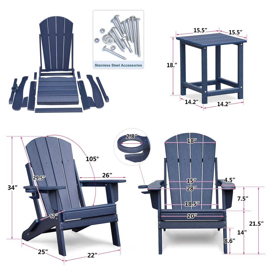 Premium 3-Piece Folding Adirondack Patio Set – Weather-Resistant Resin Chairs with Coordinated Side Table