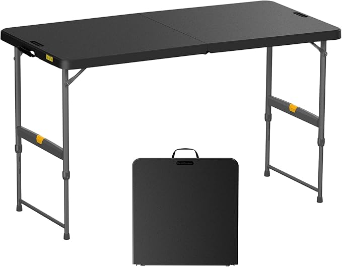Foldable Table & Step Stool – Heavy-Duty, Portable, Adjustable Height, Indoor/Outdoor Use - 4ft Height adjustable Table Black