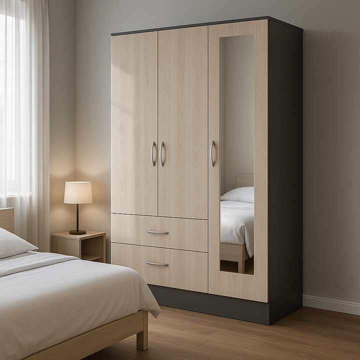 modern Black Rock Mirrored Armoire - Elegant 2-Drawer Wardrobe with Full-Length Mirror & Dual Storage