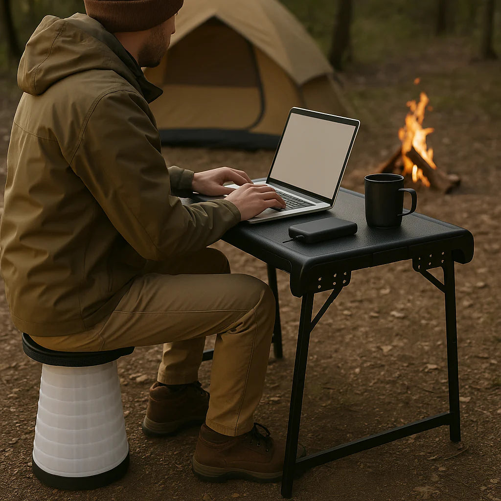 Exclusive 3 Pieces Folding Camping Table Stool Set with 2 Retractable LED Stools - Premium Outdoor Adventure Collection