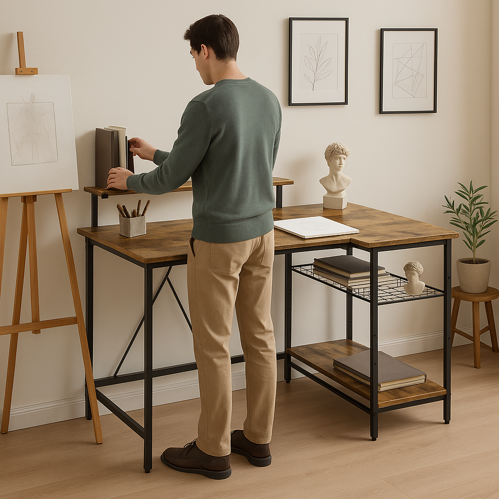 LumoEdge Reversible L-Shaped Desk with LED Lights & Power Hub – Rustic Brown
