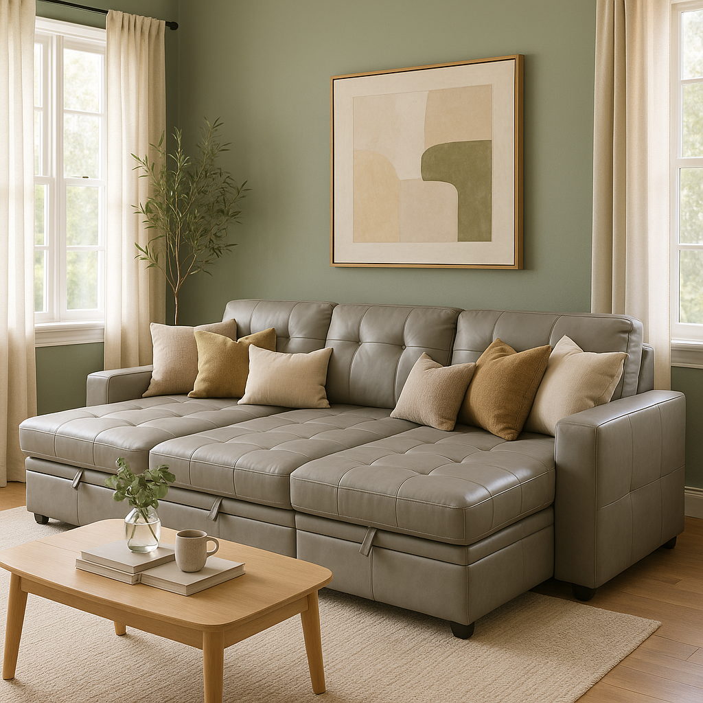 Premium Light Gray Faux Leather Sectional Sofa Bed - Modern L-Shaped Couch with Reversible Storage Chaise