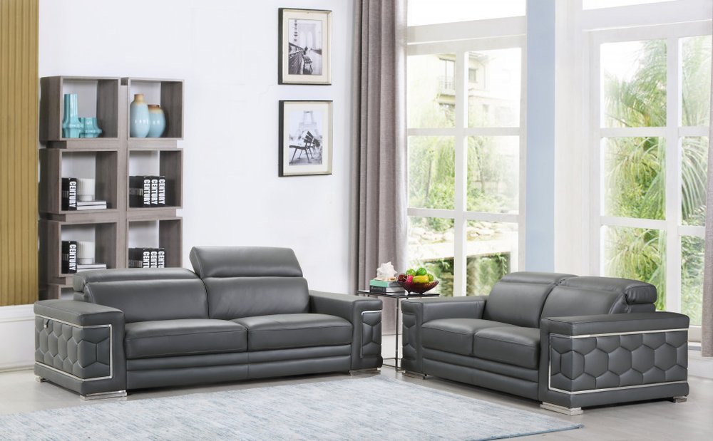 Dark Gray Italian Leather 5-Person Sofa and Loveseat Set with Coil Spring Construction