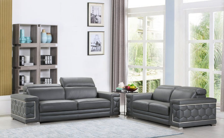 Dark Gray Italian Leather 5-Person Sofa and Loveseat Set with Coil Spring Construction