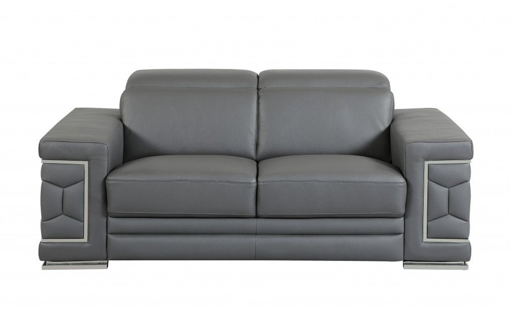 Dark Gray Italian Leather 5-Person Sofa and Loveseat Set with Coil Spring Construction