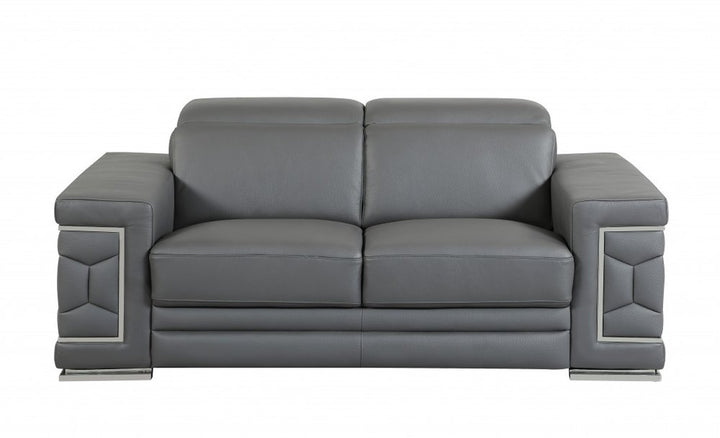 Dark Gray Italian Leather 5-Person Sofa and Loveseat Set with Coil Spring Construction
