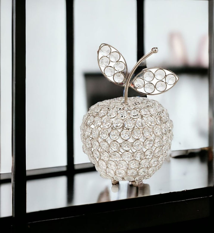 Premium 8" Silver and Faux Crystal Decorative Apple Tabletop Sculpture - Modern Glam Luxe Accent with Hand-Finished Details