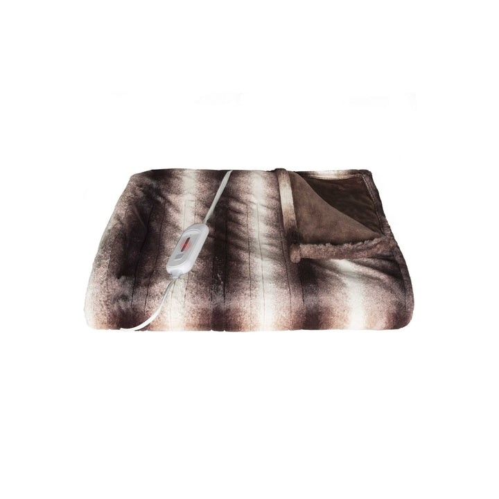 Contemporary Faux Fur Heated Throw – Plush Brown & White Warmth | Modern Blanket | Trufairs