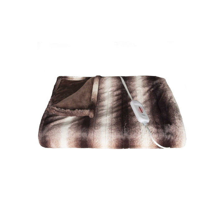 Contemporary Faux Fur Heated Throw – Plush Brown & White Warmth | Modern Blanket | Trufairs