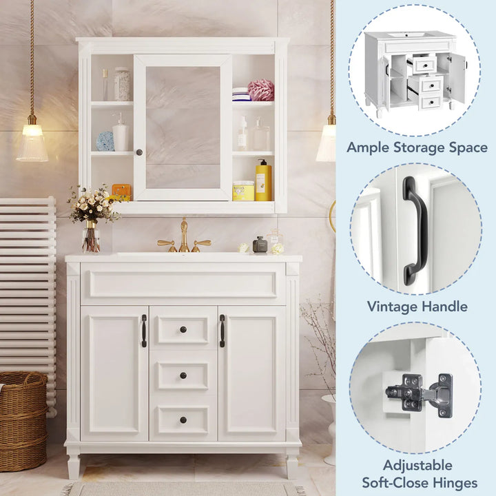 36'' Bathroom Vanity with Top Sink, Royal Blue Mirror Cabinet, Modern Bathroom Storage Cabinet with 2 Soft Closing Doors and 2 Drawers, Single Sink Bathroom Vanity