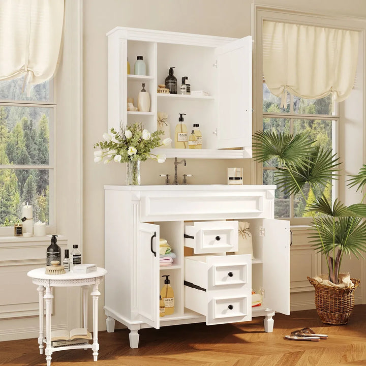 36'' Bathroom Vanity with Top Sink, Royal Blue Mirror Cabinet, Modern Bathroom Storage Cabinet with 2 Soft Closing Doors and 2 Drawers, Single Sink Bathroom Vanity