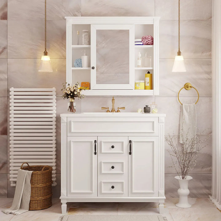 36'' Bathroom Vanity with Top Sink, Royal Blue Mirror Cabinet, Modern Bathroom Storage Cabinet with 2 Soft Closing Doors and 2 Drawers, Single Sink Bathroom Vanity