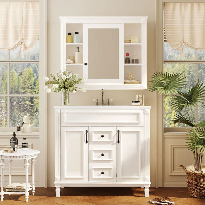 36'' Bathroom Vanity with Top Sink, Royal Blue Mirror Cabinet, Modern Bathroom Storage Cabinet with 2 Soft Closing Doors and 2 Drawers, Single Sink Bathroom Vanity