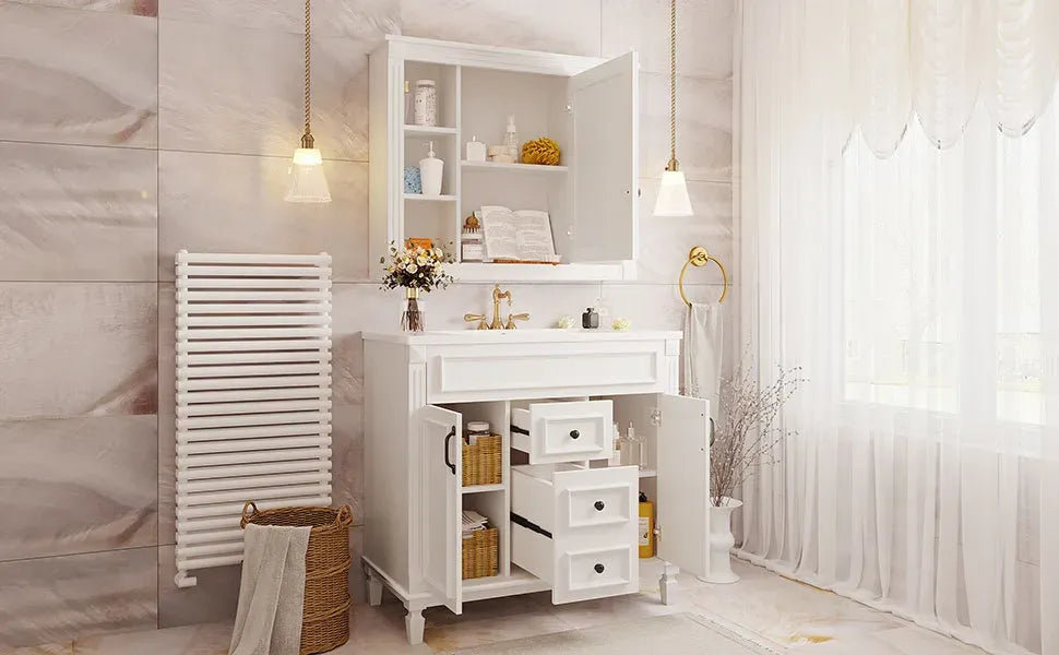 36'' Bathroom Vanity with Top Sink, Royal Blue Mirror Cabinet, Modern Bathroom Storage Cabinet with 2 Soft Closing Doors and 2 Drawers, Single Sink Bathroom Vanity
