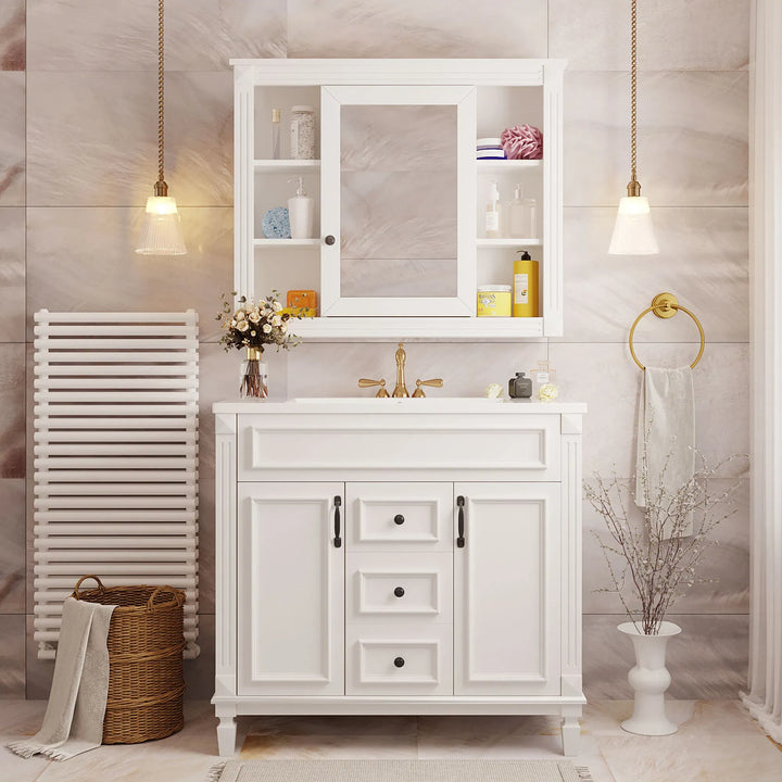 36'' Bathroom Vanity with Top Sink, Royal Blue Mirror Cabinet, Modern Bathroom Storage Cabinet with 2 Soft Closing Doors and 2 Drawers, Single Sink Bathroom Vanity