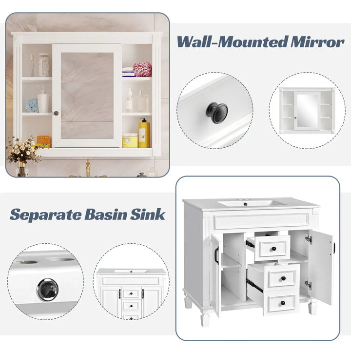 36'' Bathroom Vanity with Top Sink, Royal Blue Mirror Cabinet, Modern Bathroom Storage Cabinet with 2 Soft Closing Doors and 2 Drawers, Single Sink Bathroom Vanity