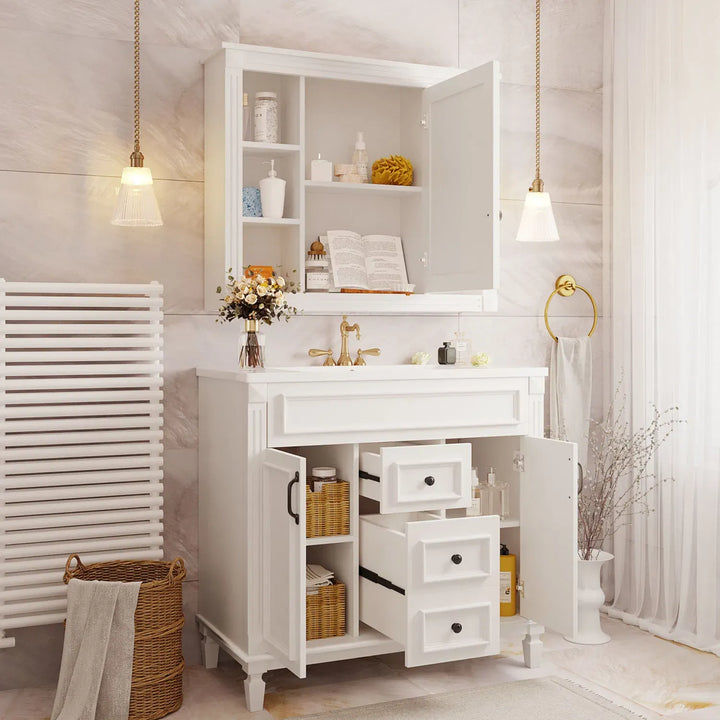 36'' Bathroom Vanity with Top Sink, Royal Blue Mirror Cabinet, Modern Bathroom Storage Cabinet with 2 Soft Closing Doors and 2 Drawers, Single Sink Bathroom Vanity